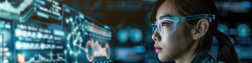 Poster a woman with dark hair wears glasses while looking intently at a computer screen displaying data vis