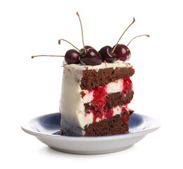 Plate with piece of tasty cherry cake isolated on white background