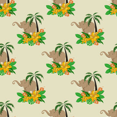 ฺBeautiful flowers and elephant with oriental traditional seamless pattern design on yellow background for carpet, wallpaper, clothing, wrap, batik, fabric.