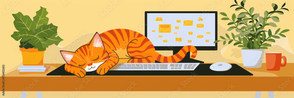 Poster a cartoon illustration of an orange tabby cat sleeping on a computer keyboard at a desk, with a comp