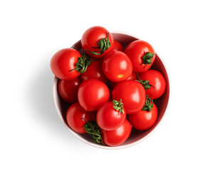 Bowl with fresh cherry tomatoes on white background