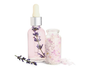 Bottle of lavender essential oil and sea salt on white background