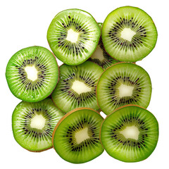 A fresh, close-up view of several sliced kiwifruit, showcasing their vibrant green color and intricate details of the seeds and flesh.