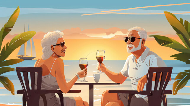 A happy, older couple sits at a table on a beachside restaurant patio, toasting with wine and enjoying their dinner as the sun sets in the background