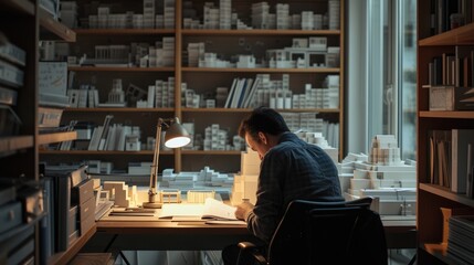 An architect works attentively on architectural drawings late at night in a dimly lit office, surrounded by models and blueprints. AIG41