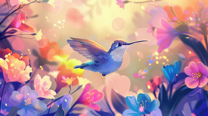 A vibrant digital painting of a hummingbird flying in front of a backdrop of blooming flowers. The image is full of warm, pastel colors and has a dreamy, ethereal quality