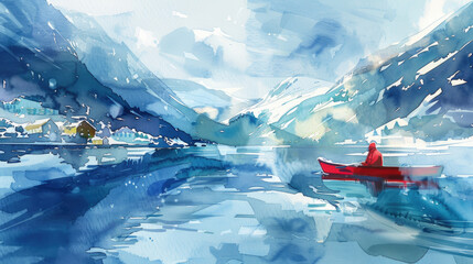 A watercolor painting depicting a solitary red canoe on a frozen lake surrounded by snow-capped mountains