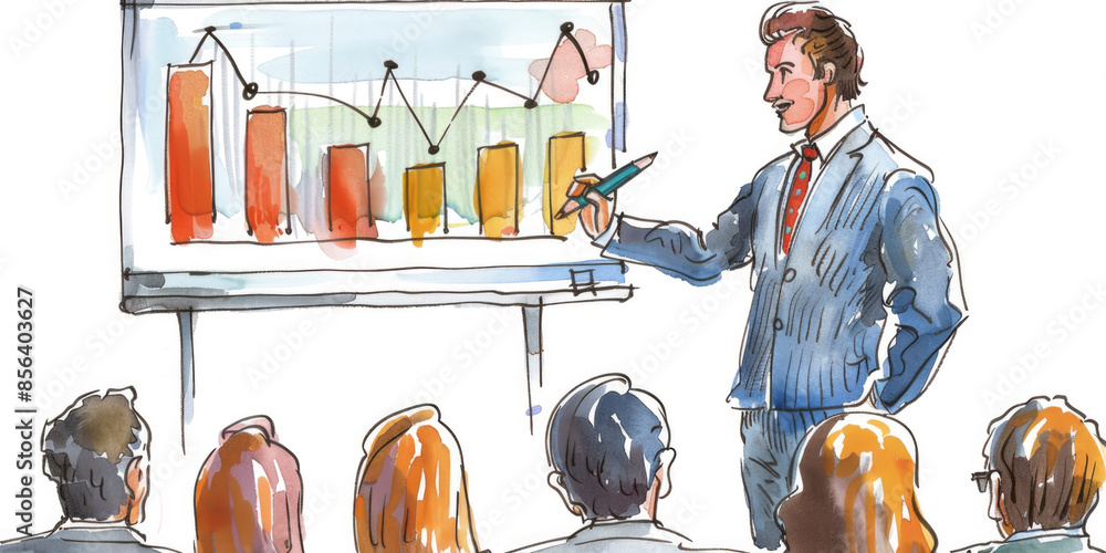 Poster a businessman presents financial data in a bar graph format to a group of colleagues during a meetin