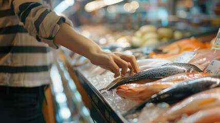 Seafood, fish on the ice tray for freshness in the supermarket
