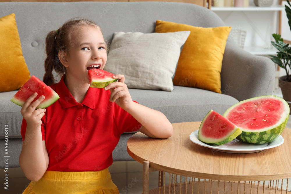 Sticker little girl with fresh watermelon sitting on floor in living room