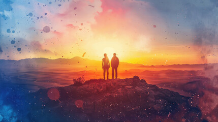 A couple stands side by side on a mountain peak, silhouetted against a breathtaking sunset. The sky is a vibrant mix of orange, pink, and blue, with a soft glow emanating from the sun