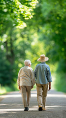 Obraz premium A man and woman are walking down a path in a park