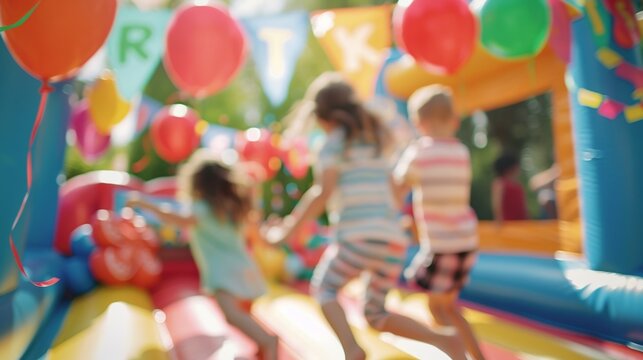 Blurry view of kids jumping in a bounce house surrounded by colorful birthday banners and signs.