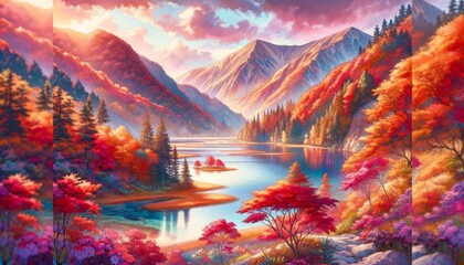 A picturesque mountain valley in autumn, featuring peaceful lake and vibrant foliage