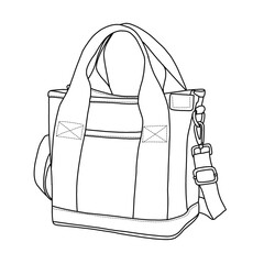 Small Tote Bag with Zipper for Women, Cross body Shoulder Bag Satchel Hobo Messenger Bag Line art, outline vector doodle illustration front view, isolated on white background