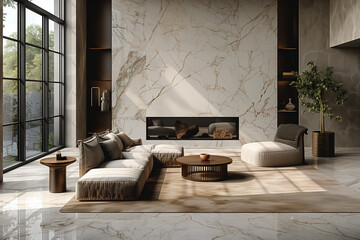 Luxurious New York City penthouse with marble textures and elegant furnishings, featuring soft ambient lighting, showcasing minimalist design and thoughtful simplicity for a tranquil living experience