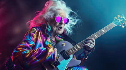 Fototapeta premium Elder people playing electric guitar on stage as a rock star