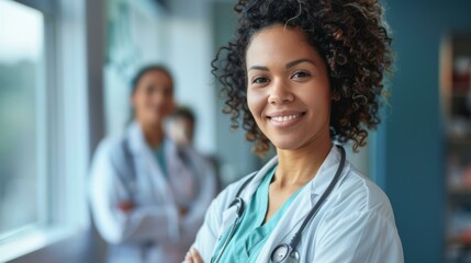 Confident biracial female doctor in white coat smiling in hospital setting with colleagues in background, highlighting healthcare, diversity, strength, and unity.