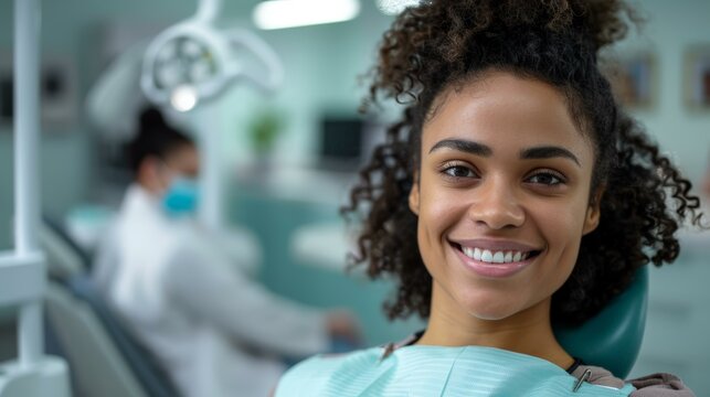 Radiant biracial woman with curly hair smiling during dental check-up in modern clinic with dentist in background, embodying health and confidence.