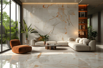Luxurious New York City penthouse with marble textures and elegant furnishings, featuring soft ambient lighting, showcasing minimalist design and thoughtful simplicity for a tranquil living experience
