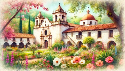 An enchanting view of a historic California mission in springtime