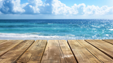 a close up of a rustic empty wooden table with blurred ocean view background