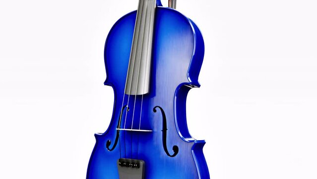 Blue violin or cello on its black base on an isolated white background. Concept of music, hobbies, 4k, 60 fps, loop