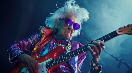 Fototapeta premium Elder people playing electric guitar on stage as a rock star