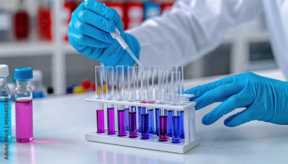 Poster a scientist is working with a variety of colored liquids in a lab