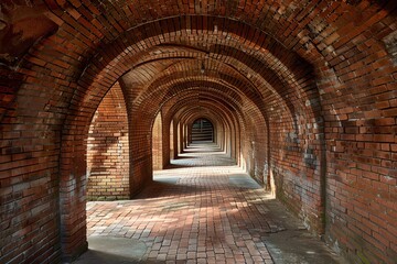 Obraz premium Ancient brick tunnel with multiple arches creating a mesmerizing perspective and atmospheric ambiance in historic architecture.