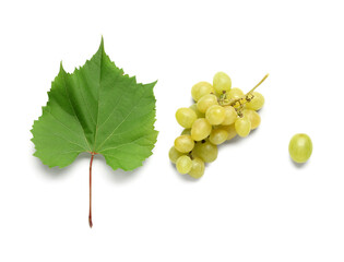 Sweet green grapes and leaf on white background
