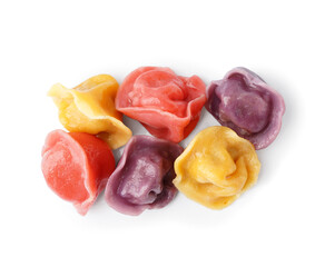 Boiled colorful dumplings on white background