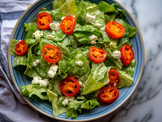 A blue plate with a salad of lettuce, tomatoes, and cheese. The salad is topped with red peppers and has a light dressing