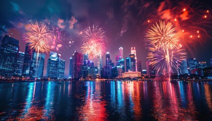 Obraz premium Vibrant fireworks display over a modern city skyline at night, reflecting on the water, creating a festive and colorful atmosphere.