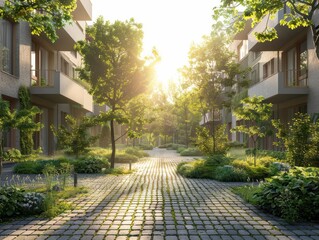 Serene urban garden path with lush greenery, sunlight filtering through trees, and modern buildings on either side. Tranquil and picturesque scene.