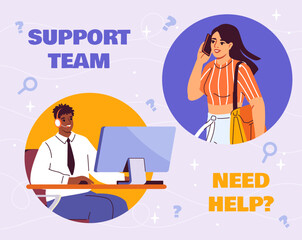 Call center concept. Man answer to questions of woman. Consultation and customer support service. Hot line operator helps user. Guide and instructions. Cartoon flat vector illustration