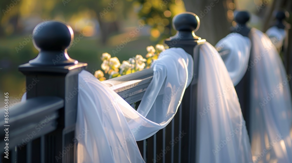 Poster the fabric gracefully ds over the railing of the riverside walkway adding a soft romantic touch to t