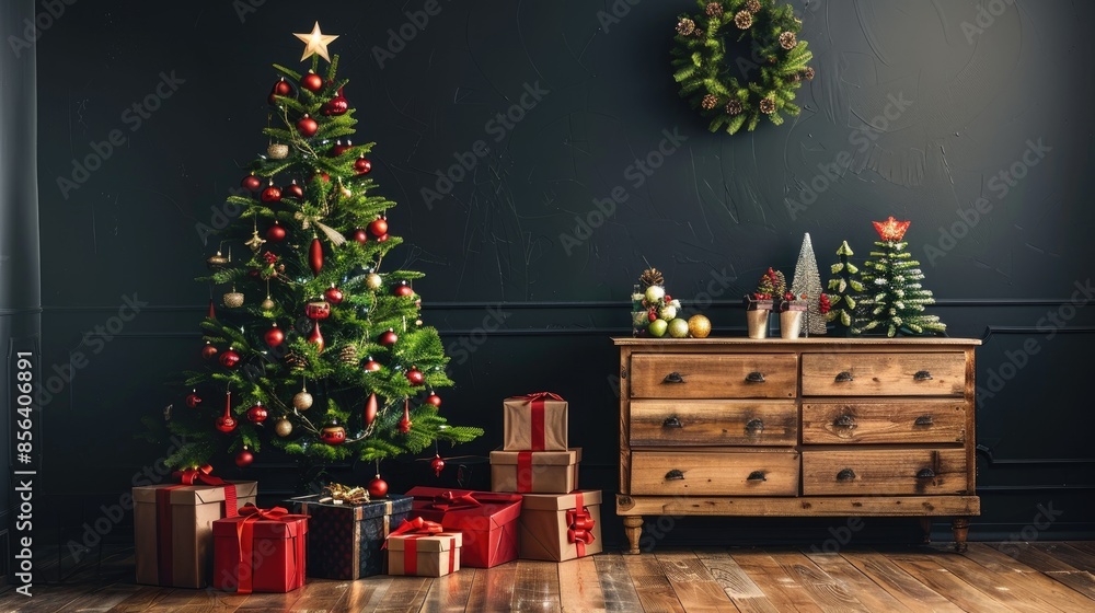 Canvas Prints Christmas tree with presents and wooden furniture by a dark wall Design banner