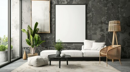 ISO A Paper Size Frame Mockup: Modern Living Room Wall Poster, 3D Render