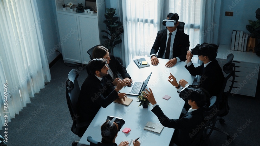 Poster top view of manager working on laptop and sending data analysis to business people by using vr glass
