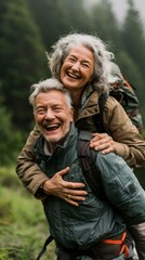 Fototapeta premium A man and woman hugging each other in the woods. Generative AI.