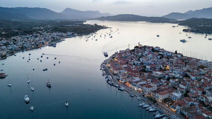 Aerial panorama of the city and harbor of Poros island in the Saronic Gulf, Greece, during a...