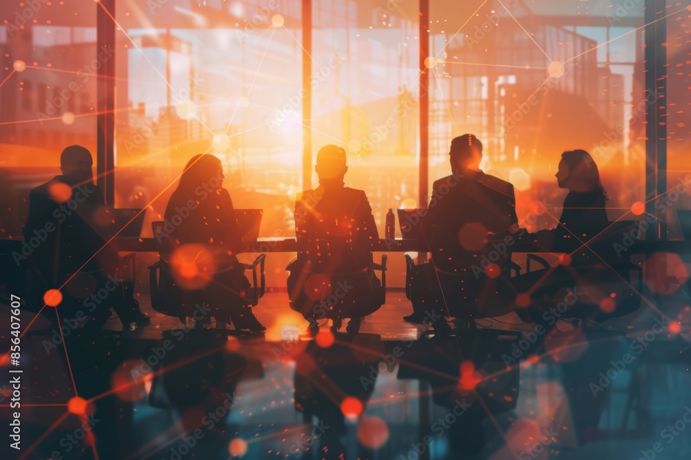 Poster a digital art of business people in an office, sitting around a table with laptops and papers on it 