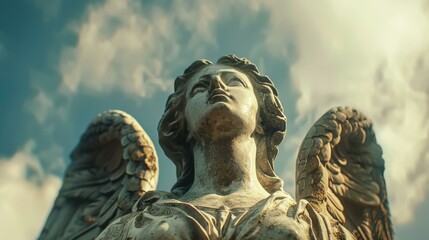 A close up of a statue with an angelic face. AI.