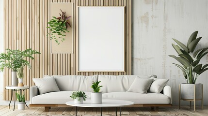ISO A Paper Size Frame Mockup: Modern Living Room Wall Poster, 3D Render