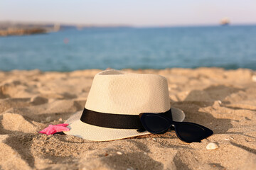 Stylish black sunglasses with hat and starfish on seashore