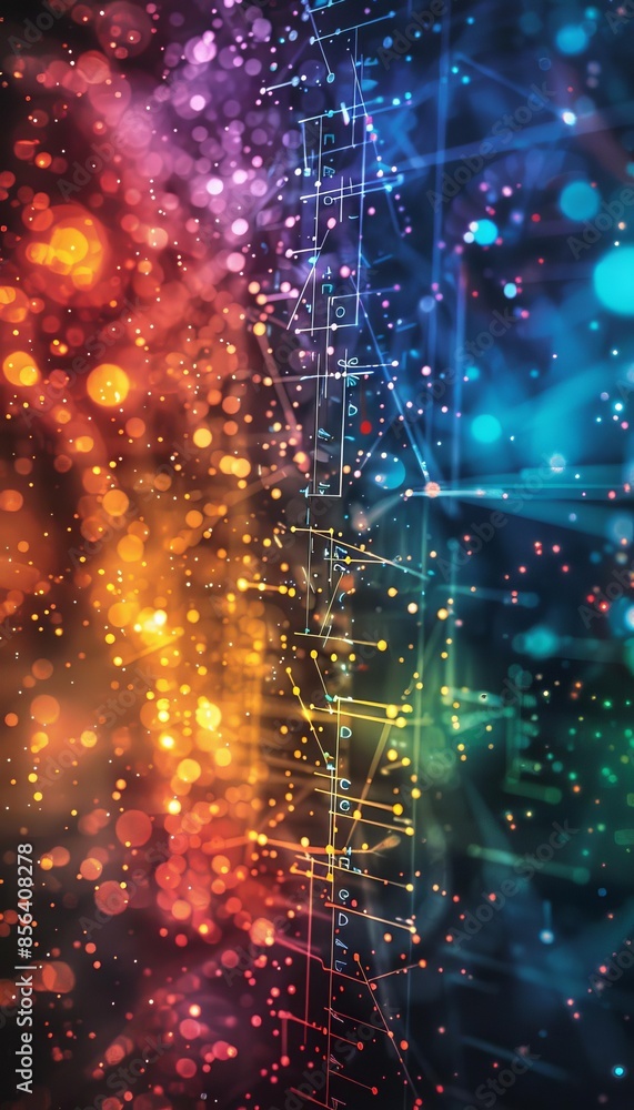 Poster abstract digital art with colorful lights and geometric patterns, creating a vibrant and futuristic 