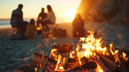 Embers dance around as the sun sets casting a warm glow on a group huddled together cooking a mouthwatering meal over a beach fire pit.