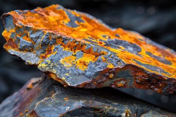 Fototapeta premium A large rock with a yellowish-orange hue and black spots. The rock is sitting on top of another rock
