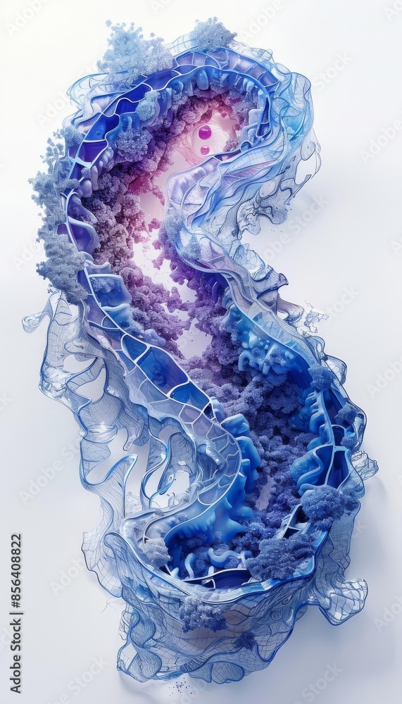 Poster abstract representation of a cyanobacterium with intricate blue and purple patterns, highlighting sc